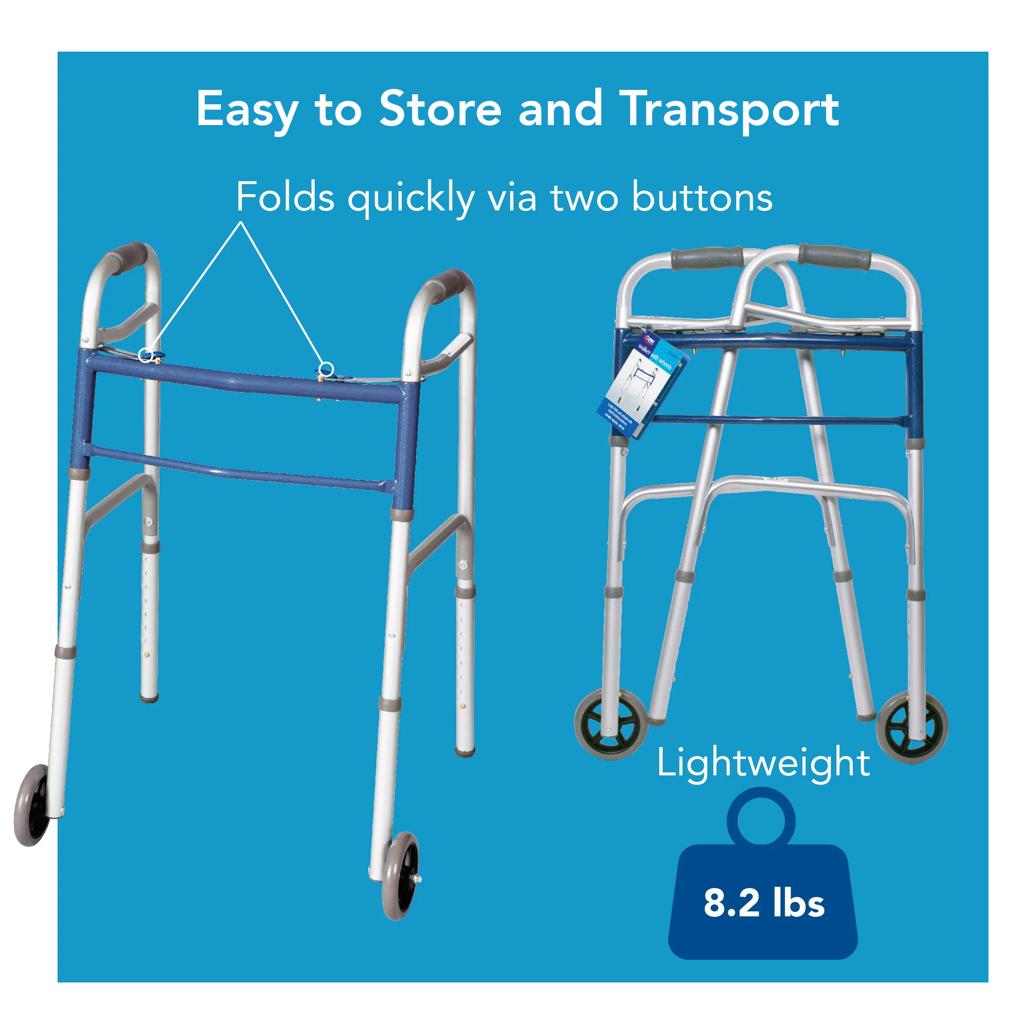 Carex Classics Dual Button Walker with Wheels - Image 5