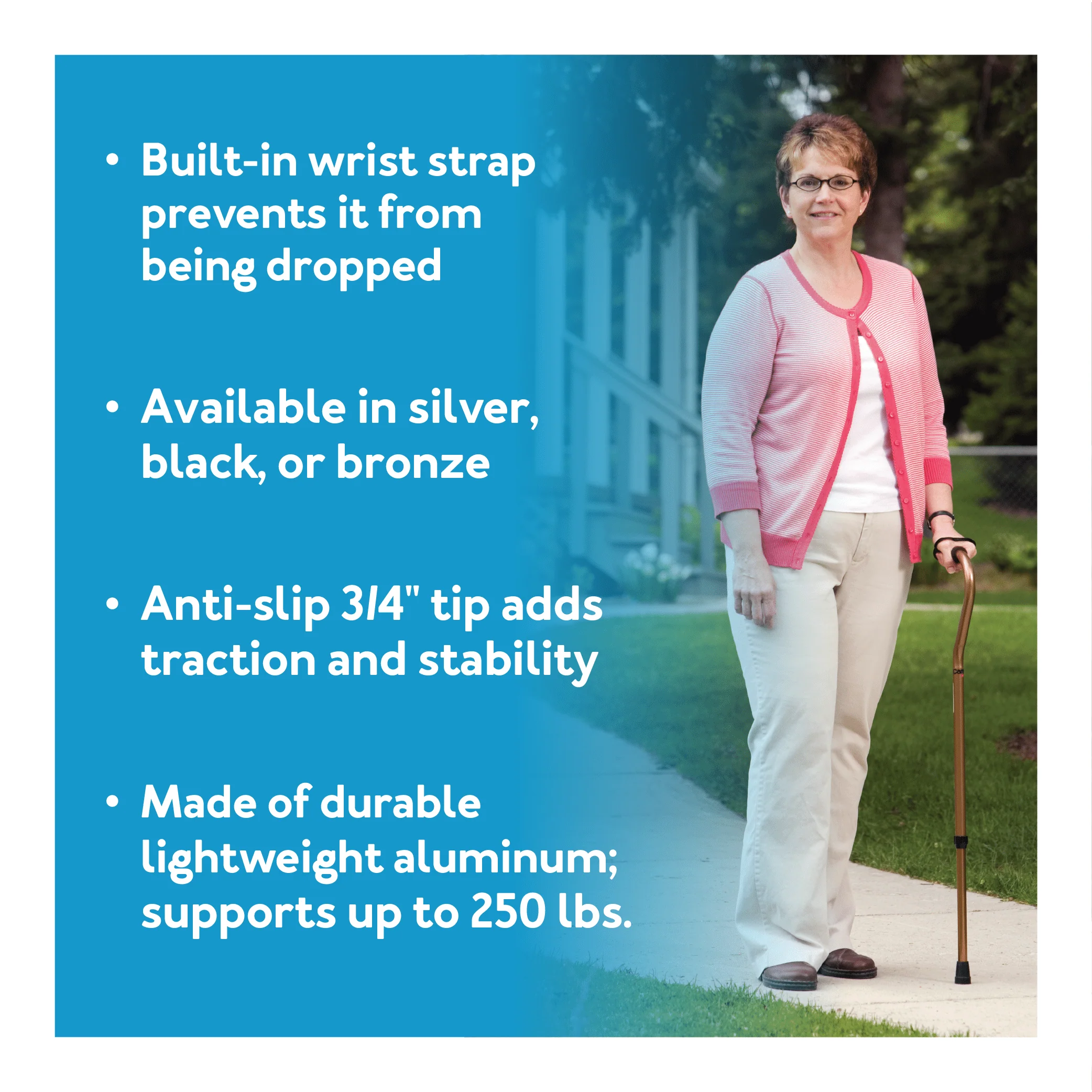 Carex Offset Aluminum Cane with Cushioned Grip and Wrist Strap - Image 3